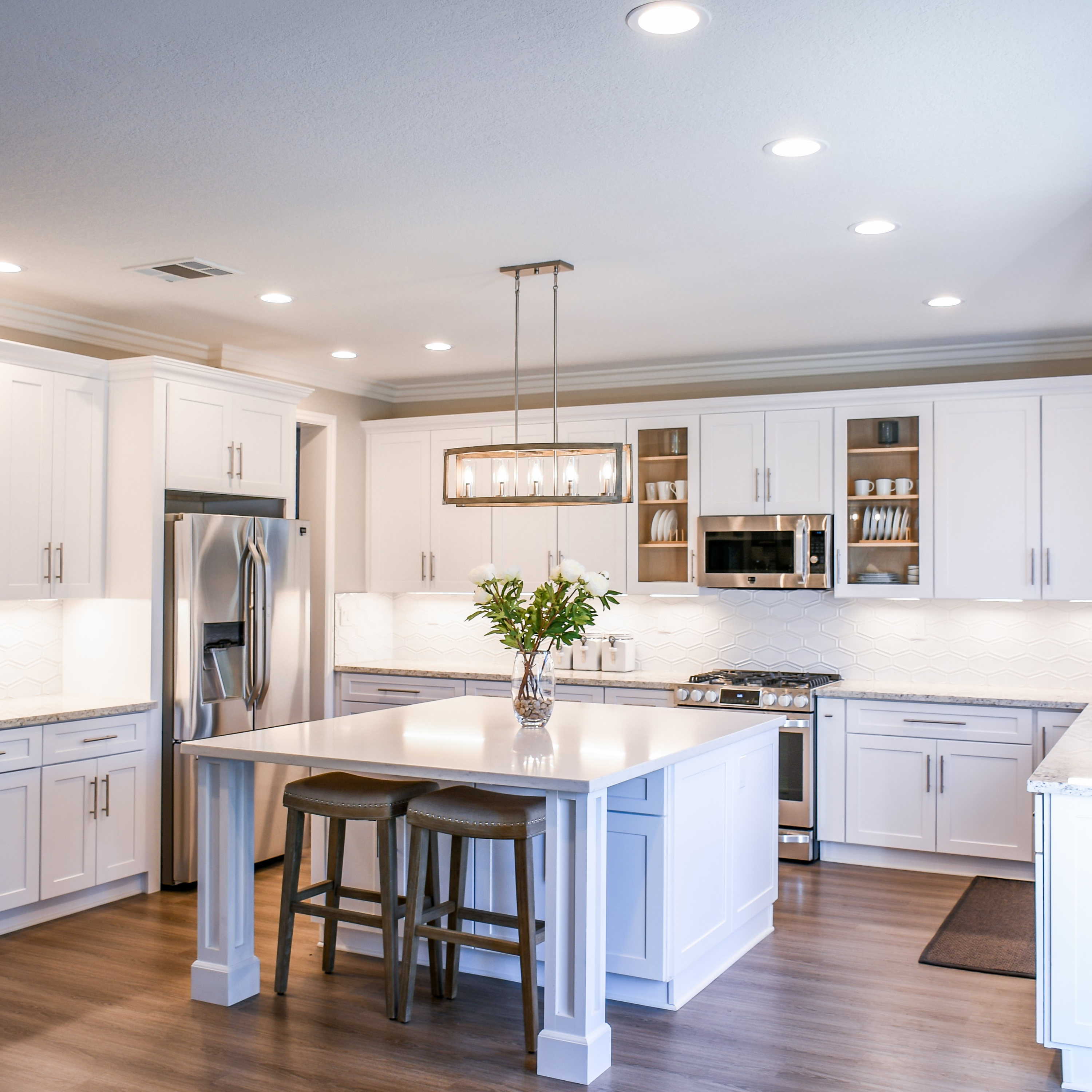 Kitchen with LED lights and chandelier