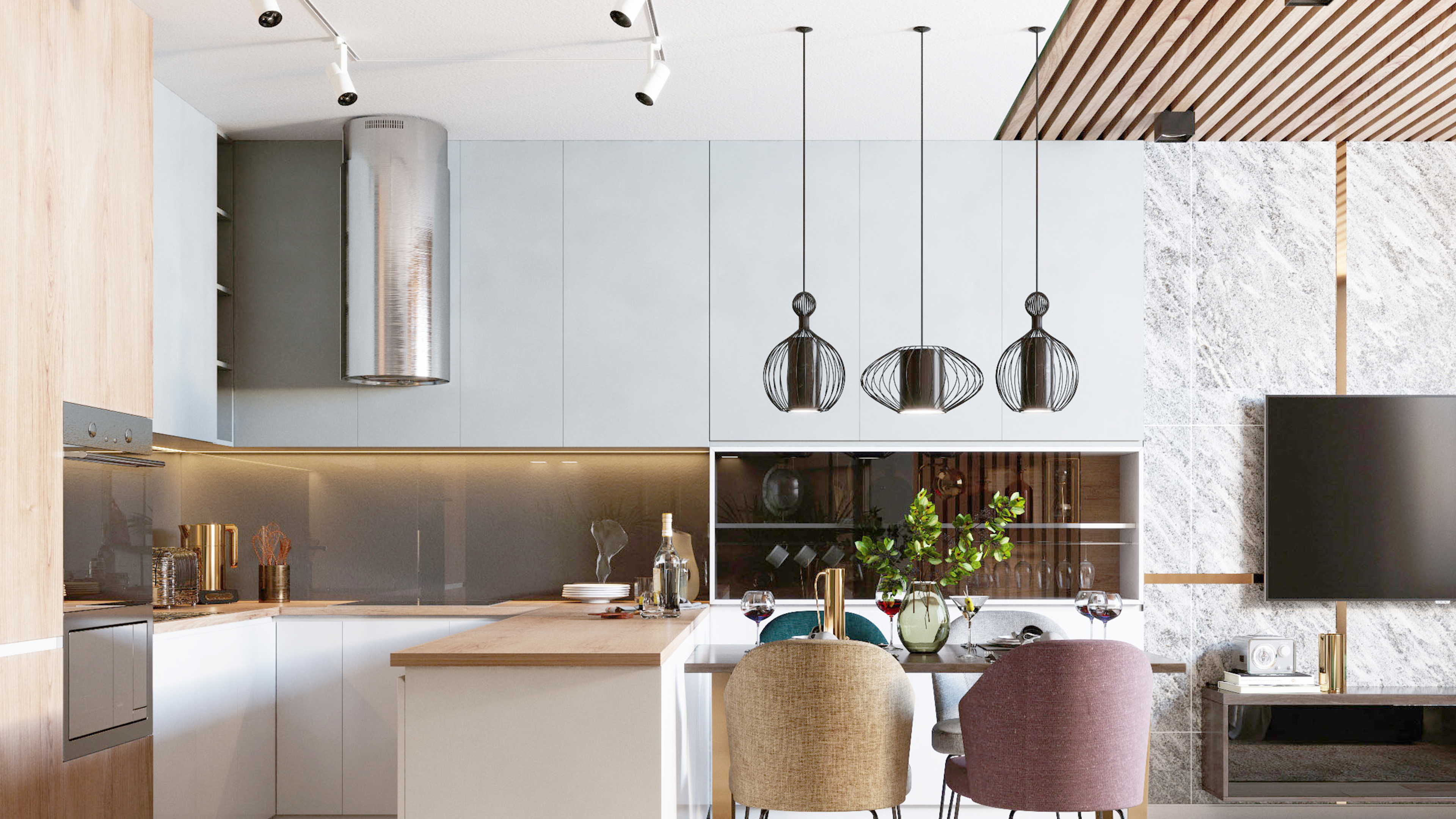 A kitchen with kitchen chandeliers